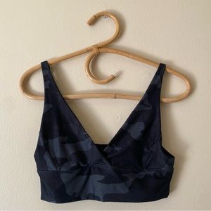 Prana Blue Camo Print V Neck Sports Bra